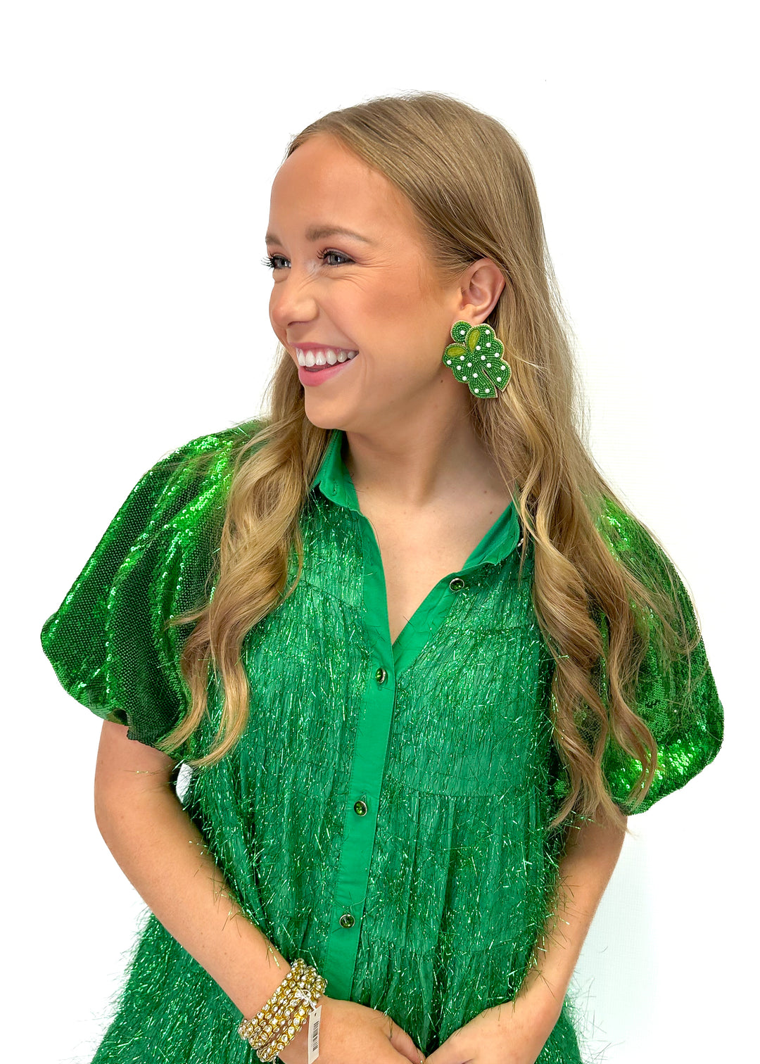 Queen of Sparkles Green Tinsel Sequin Sleeve Dress - Gabrielle's Biloxi