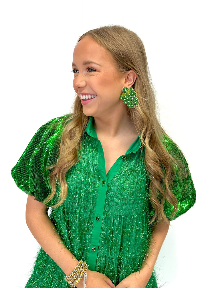 Queen of Sparkles Green Tinsel Sequin Sleeve Dress - Gabrielle's Biloxi