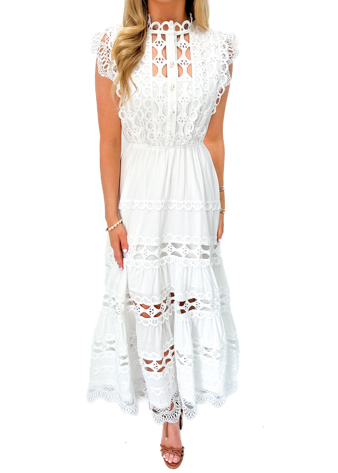 OO LA LA Sleeveless Buttoned Midi Dress - White - Gabrielle's Biloxi