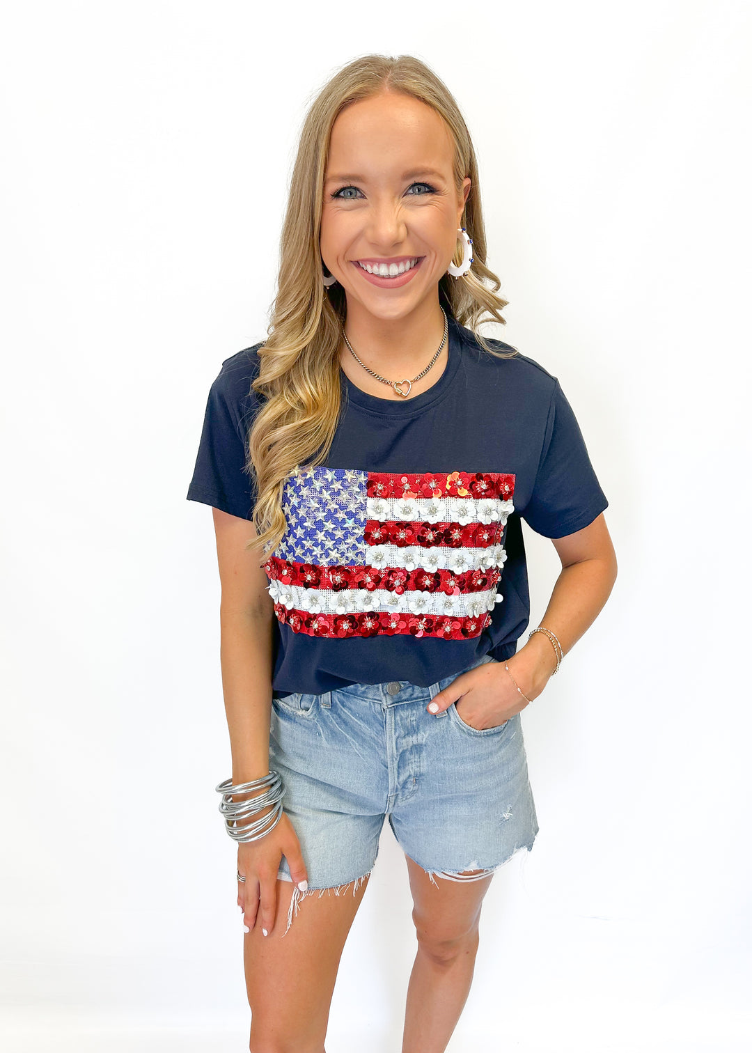 Queen of Sparkles Navy Flower American Flag Tee - Gabrielle's Biloxi