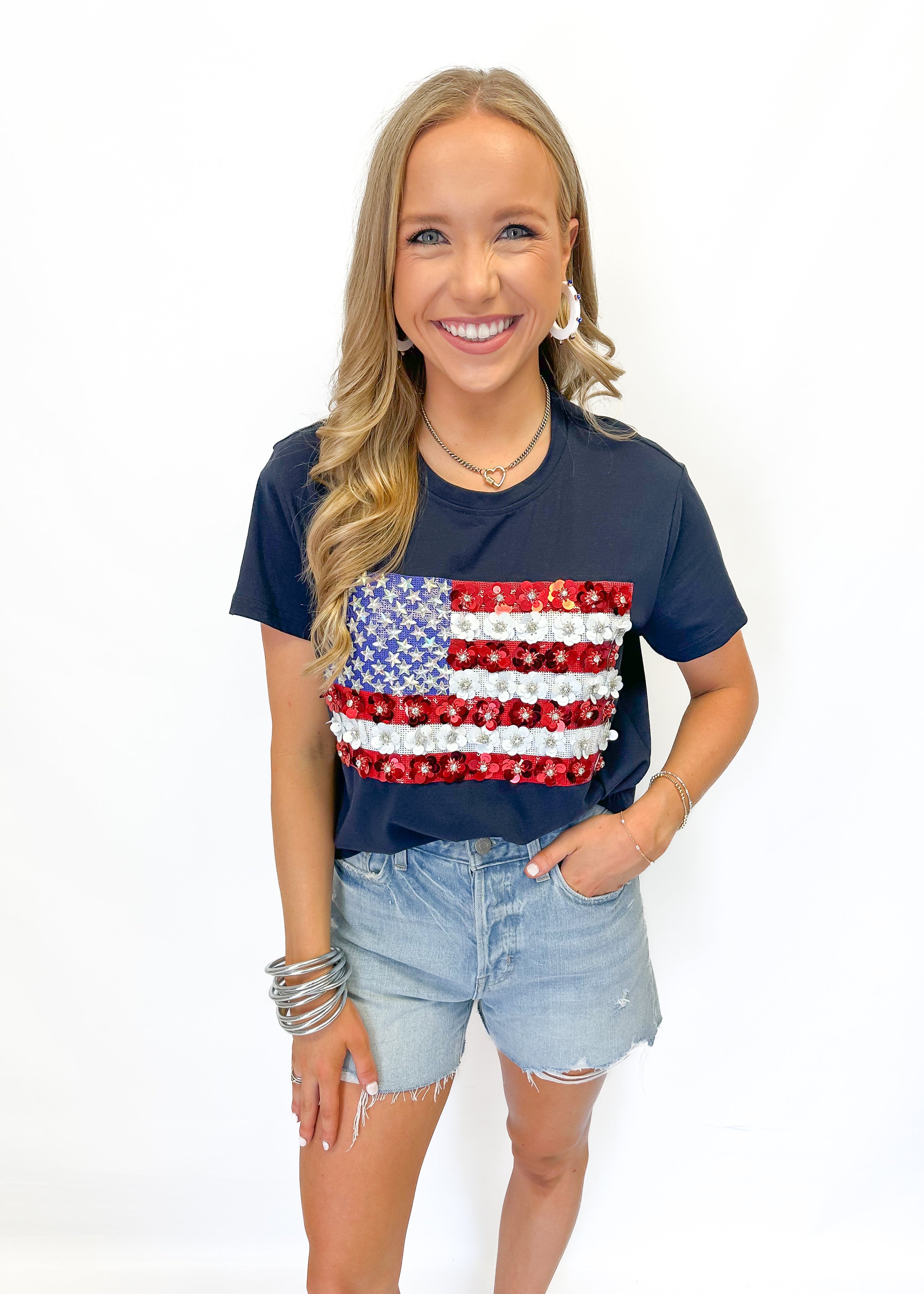 Queen of Sparkles Navy Flower American Flag Tee - Gabrielle's Biloxi