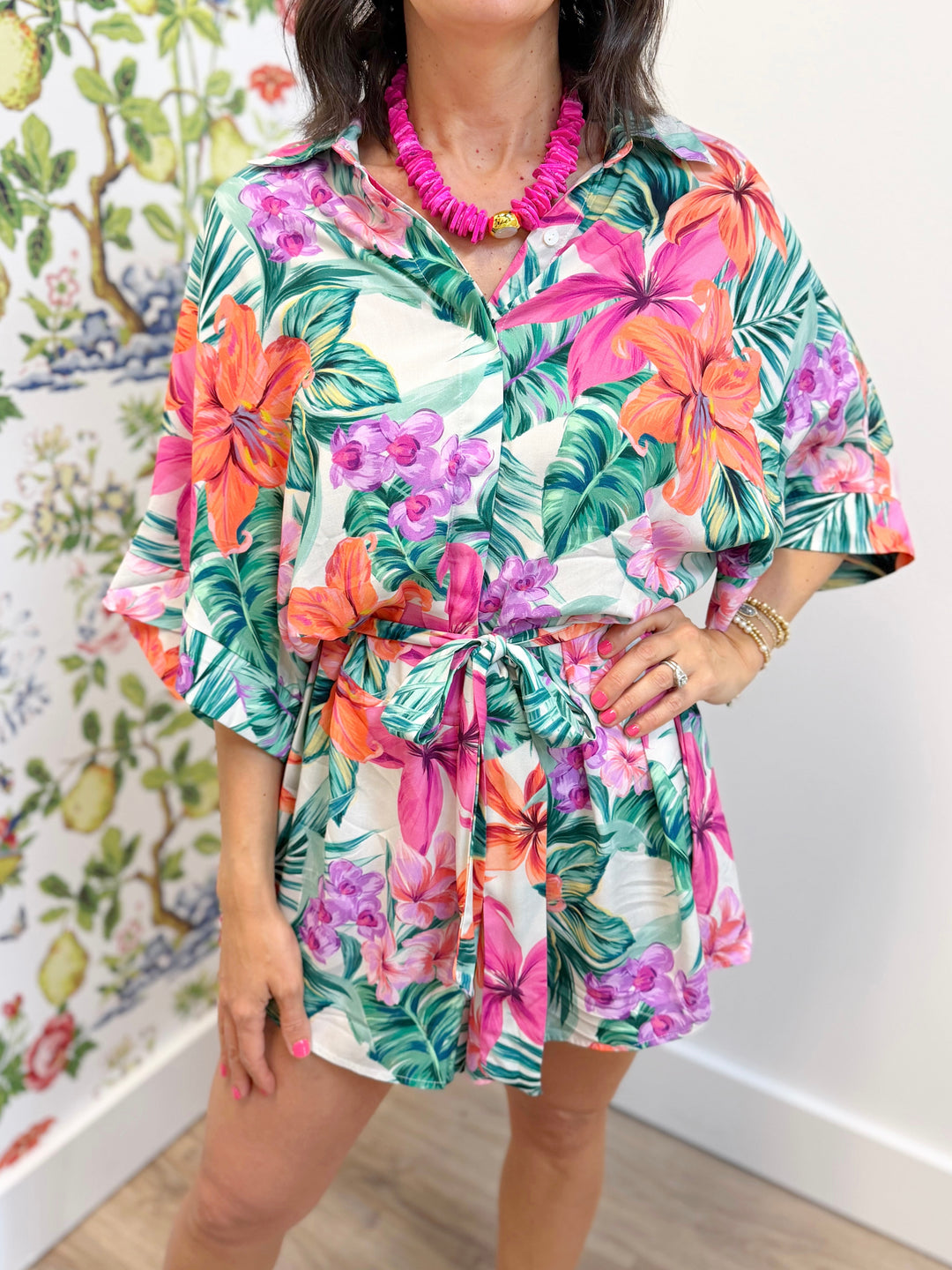 Bettina Floral Tie-waist Romper - Pink Green