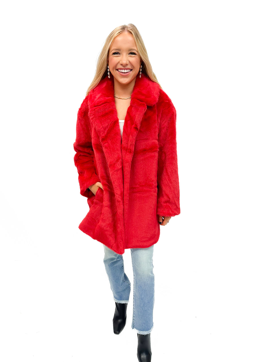 Jayley Faux Fur Duchess Midi Coat - Red - Gabrielle's Biloxi