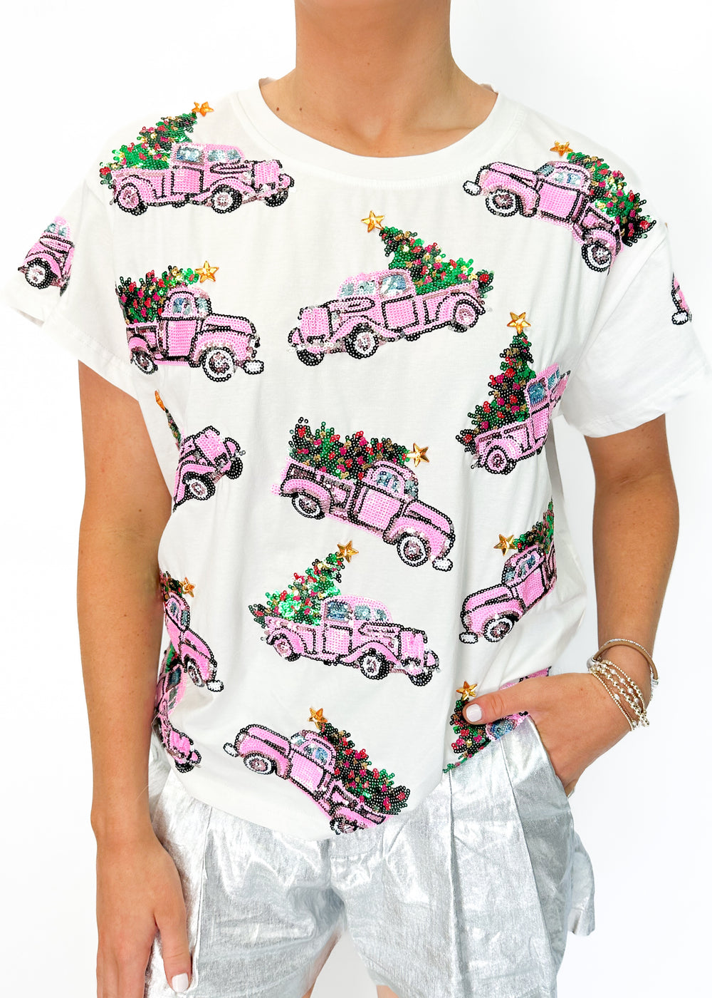Queen of Sparkles White Trucks with Christmas Trees Tee - White - Gabrielle's Biloxi