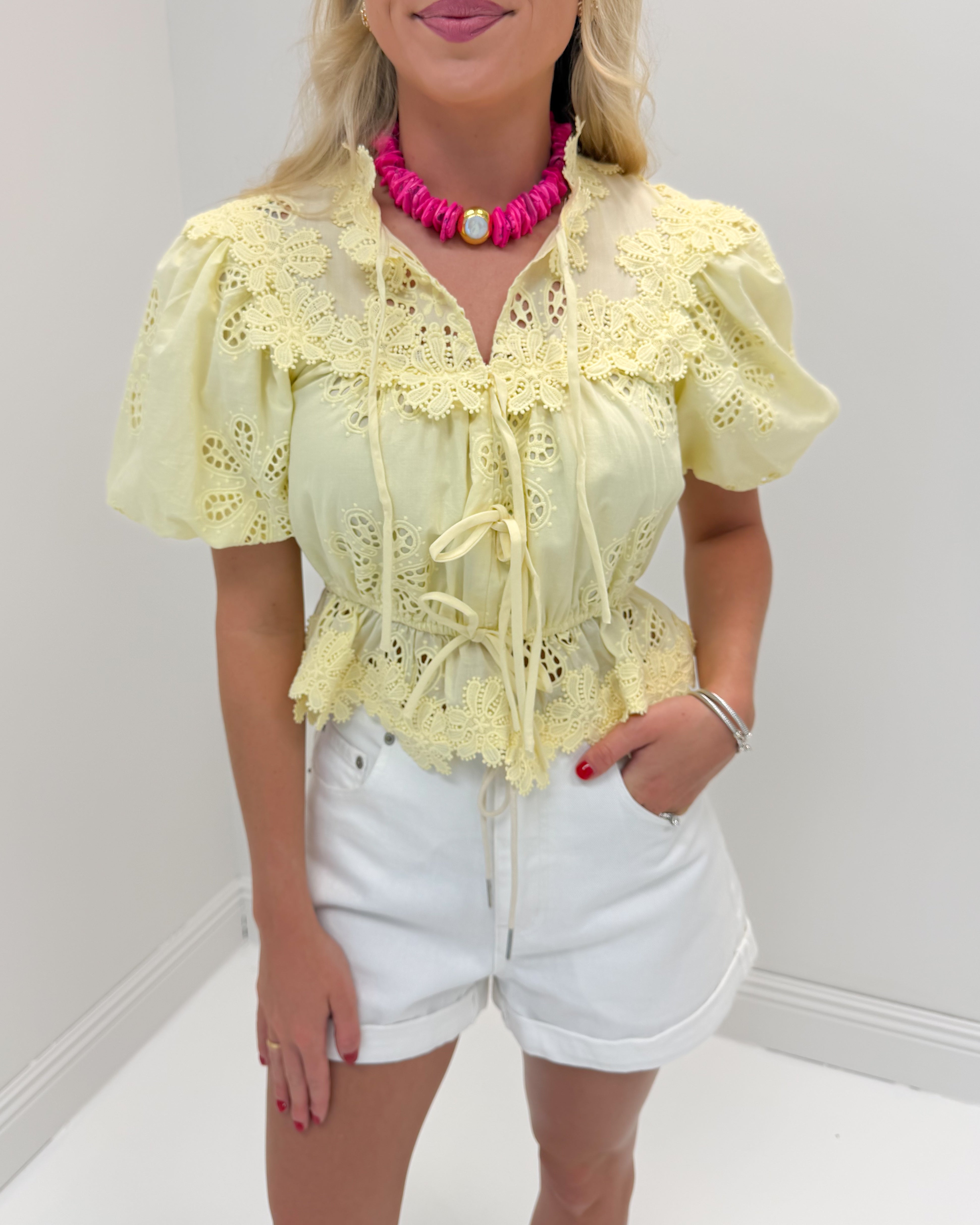 Eyelet Puff Sleeve Blouse - Pastel Yellow