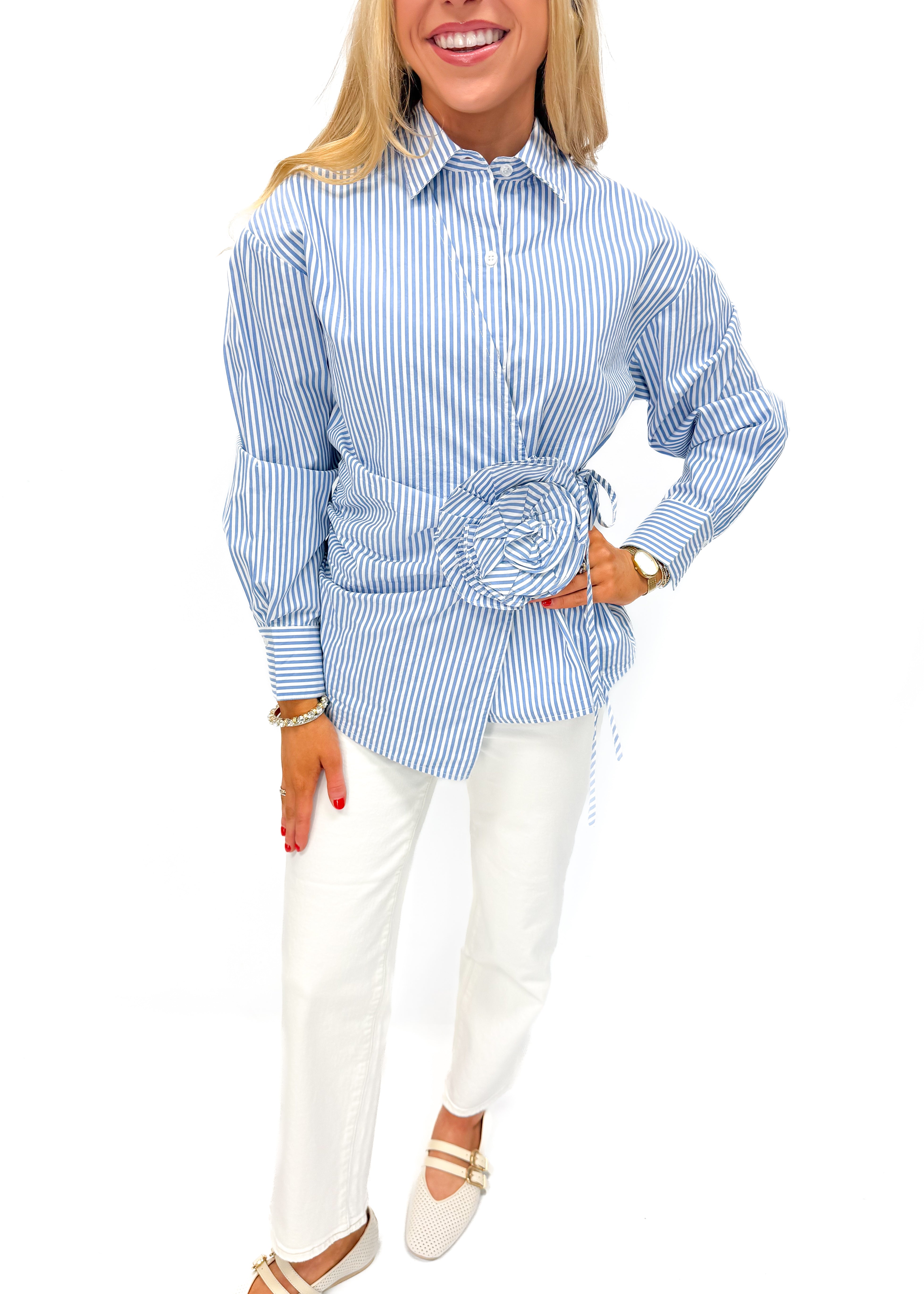 French Connection Cambria Striped Corsage Shirt - Blue/White - Gabrielle's Biloxi