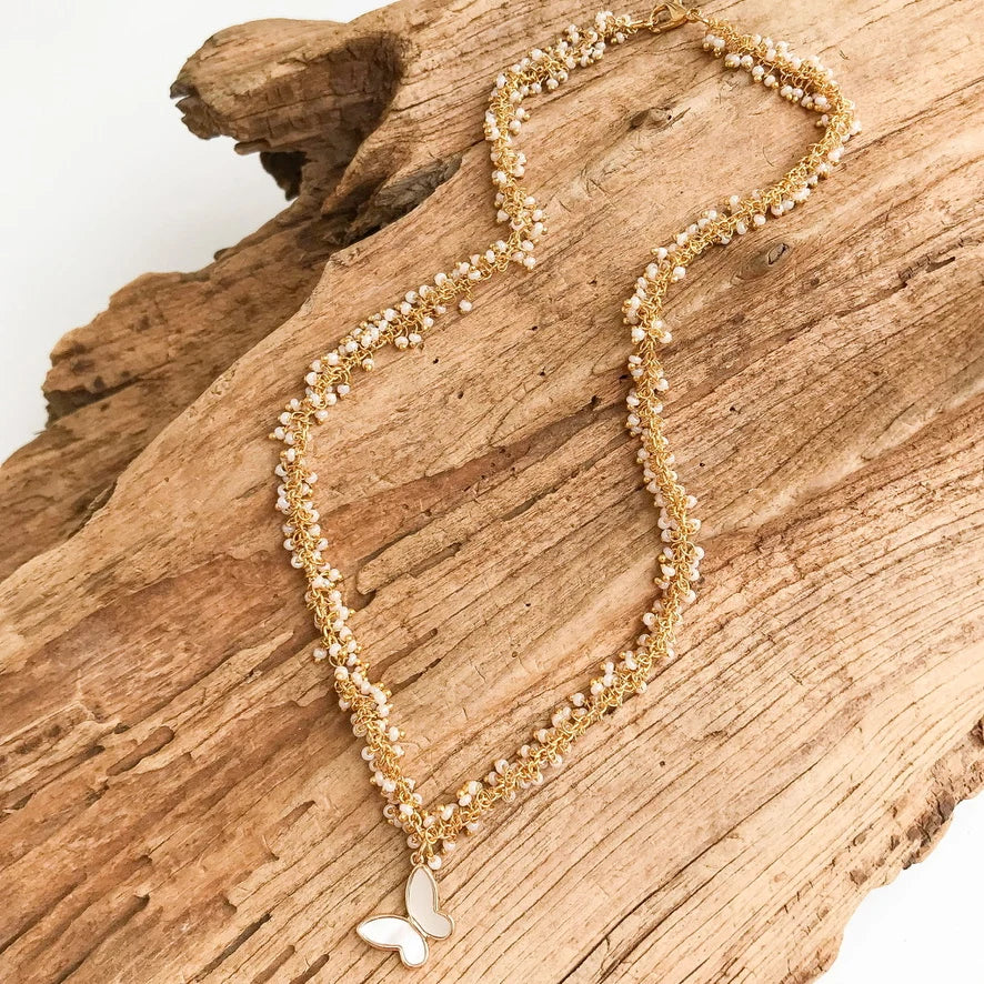Virtue Shell Butterfly on Cluster Rosary - Pearl
