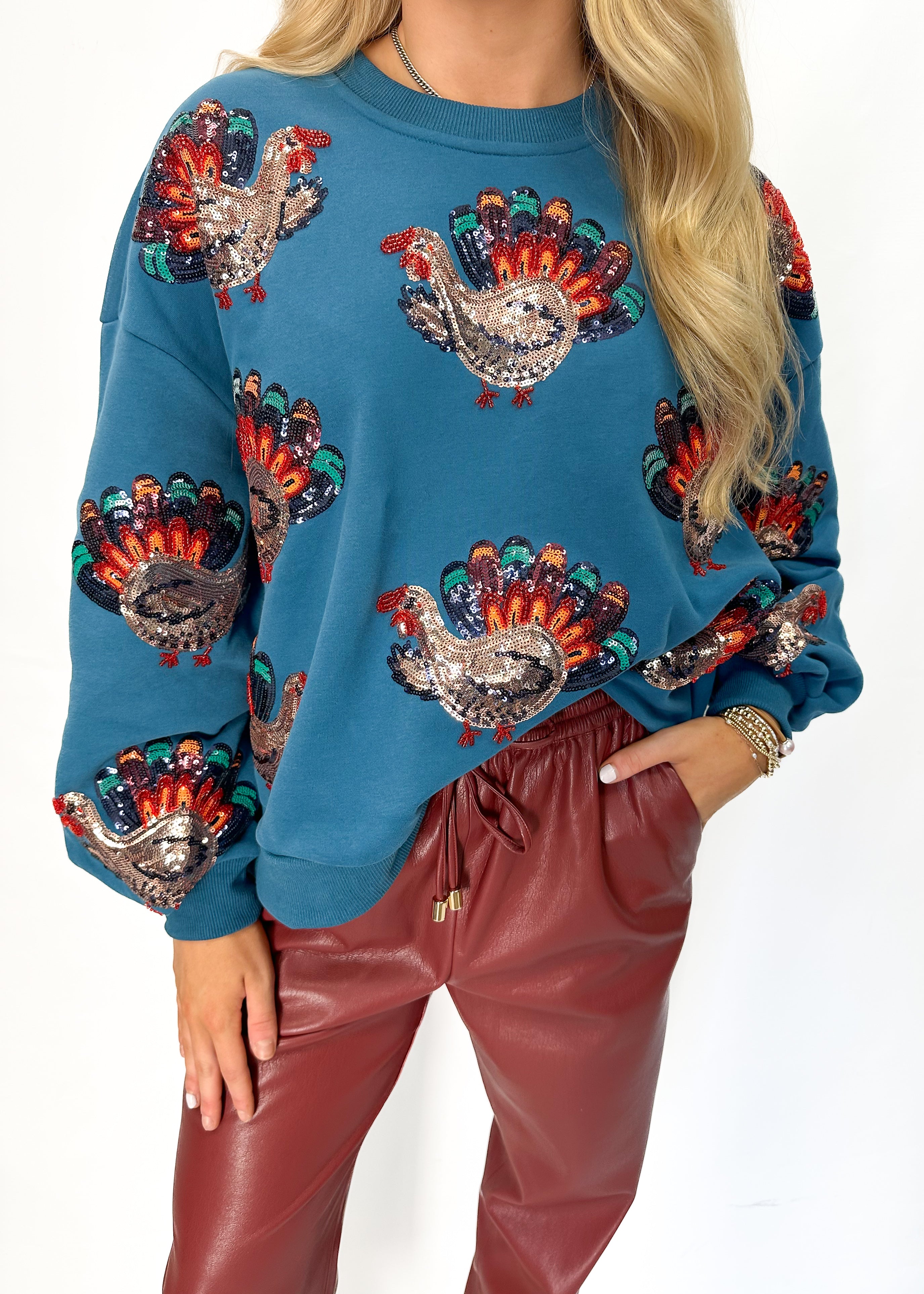 Queen of Sparkles Dark Teal Beaded Turkeys All Over Sweatshirt - Dark Teal - Gabrielle's Biloxi