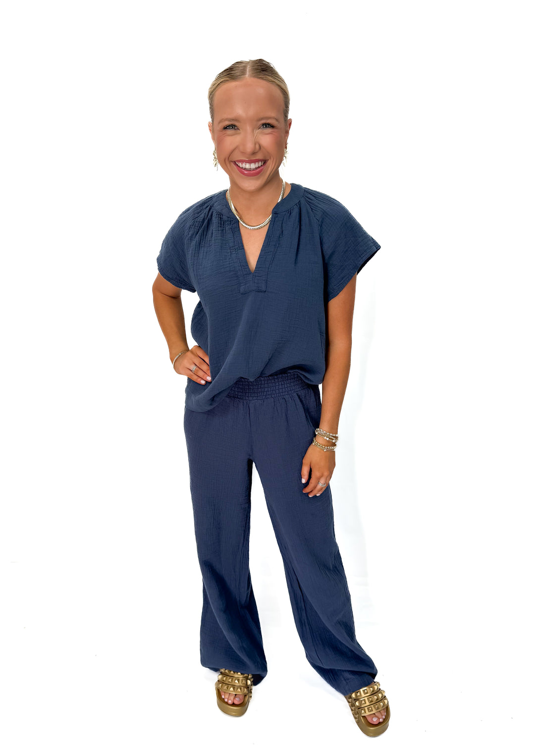 Bobi Smocked Waist Wide Leg Pant - Pacific Blue - Gabrielle's Biloxi