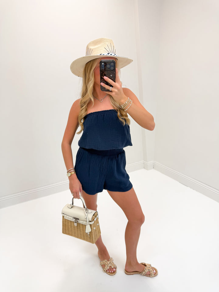 Bobi Faux Fly Smocked Short - Deep Seas