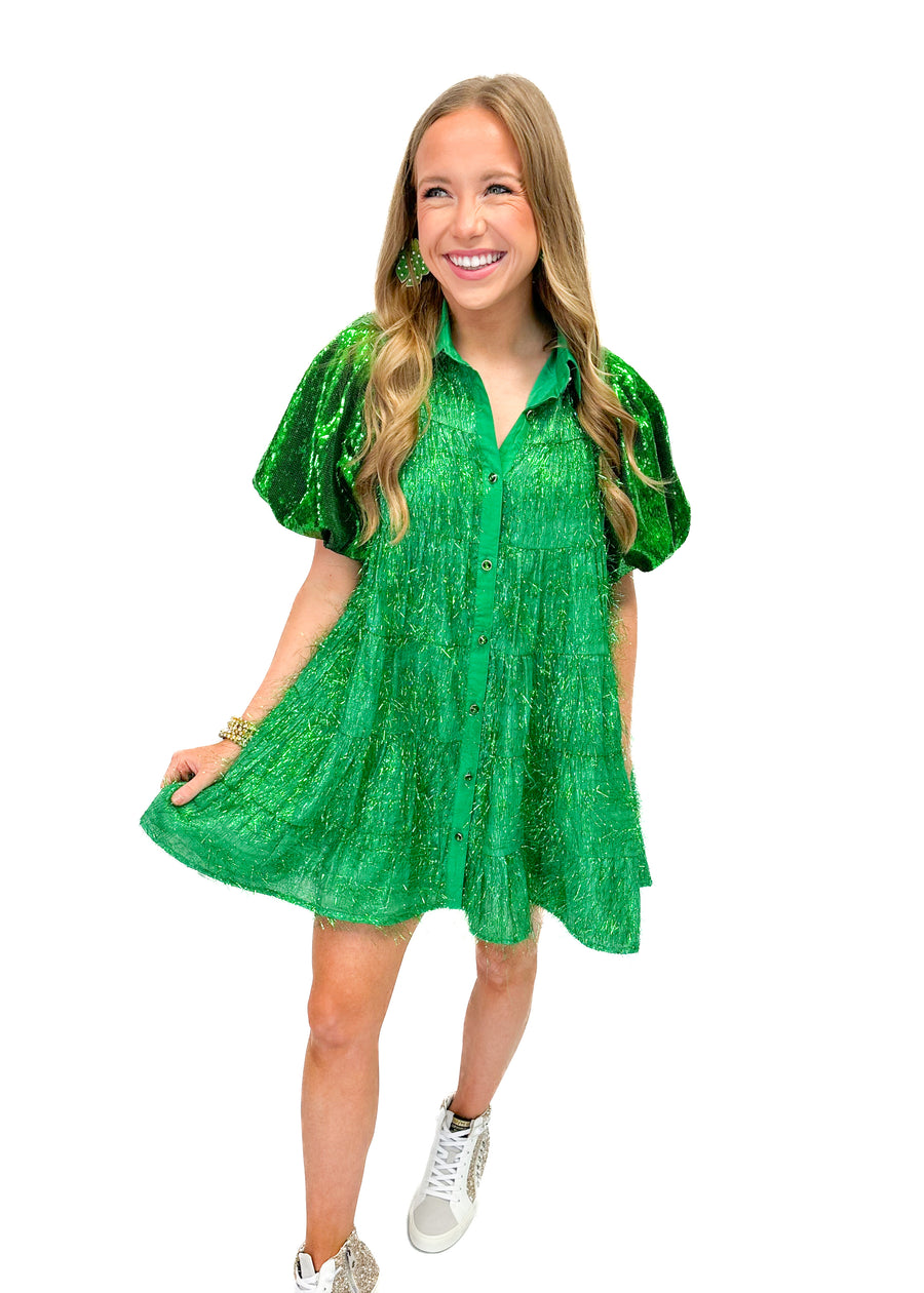 Queen of Sparkles Green Tinsel Sequin Sleeve Dress - Gabrielle's Biloxi