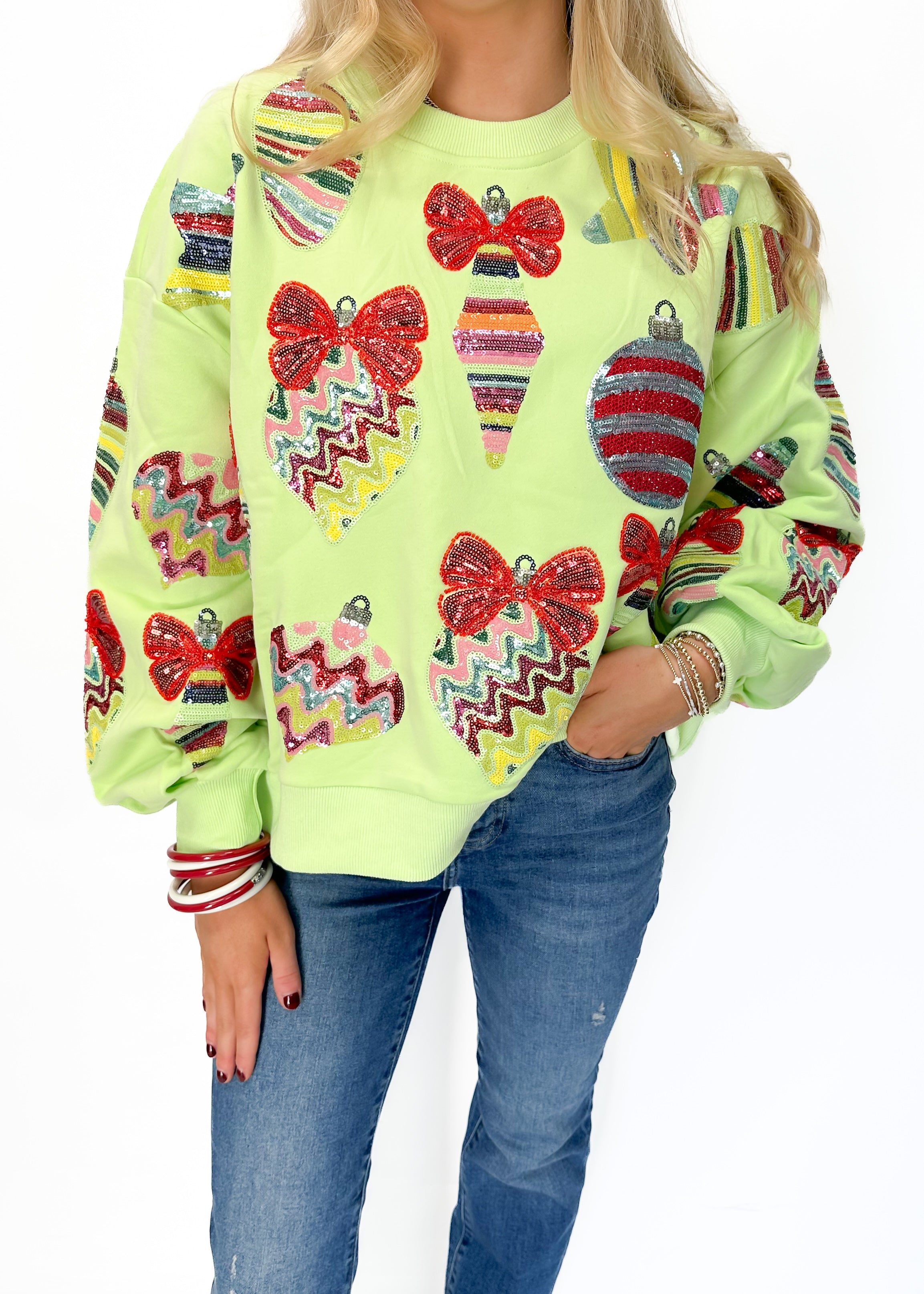 Queen of Sparkles Pale Green Patterned Ornament & Bows Sweatshirt - Pale Green - Gabrielle's Biloxi