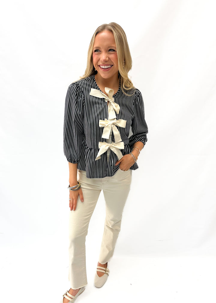 Striped Bow Baby Doll Blouse - Gabrielle's Biloxi