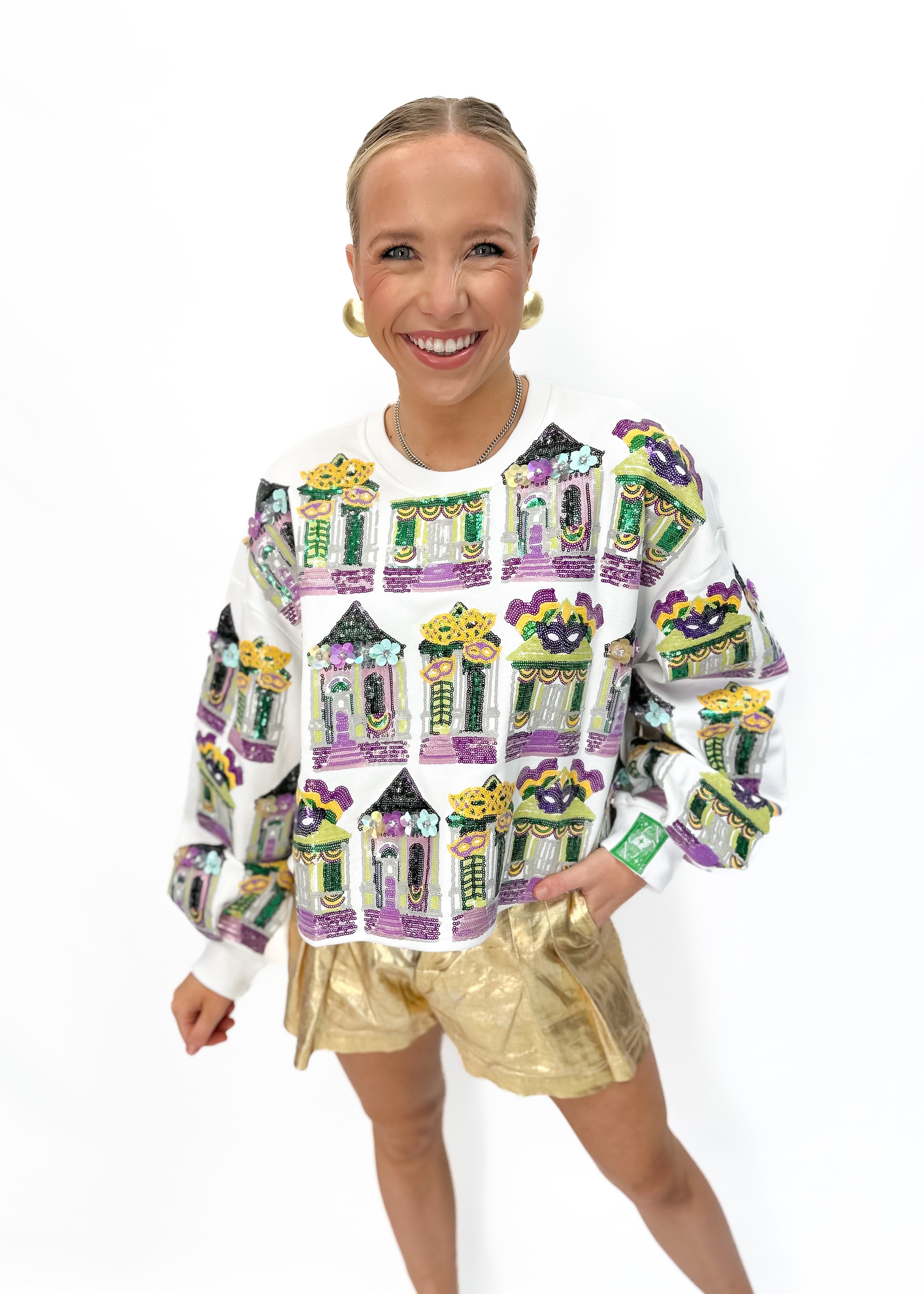 Queen of Sparkles Mardi Gras Porches Sweatshirt - White - Gabrielle's Biloxi