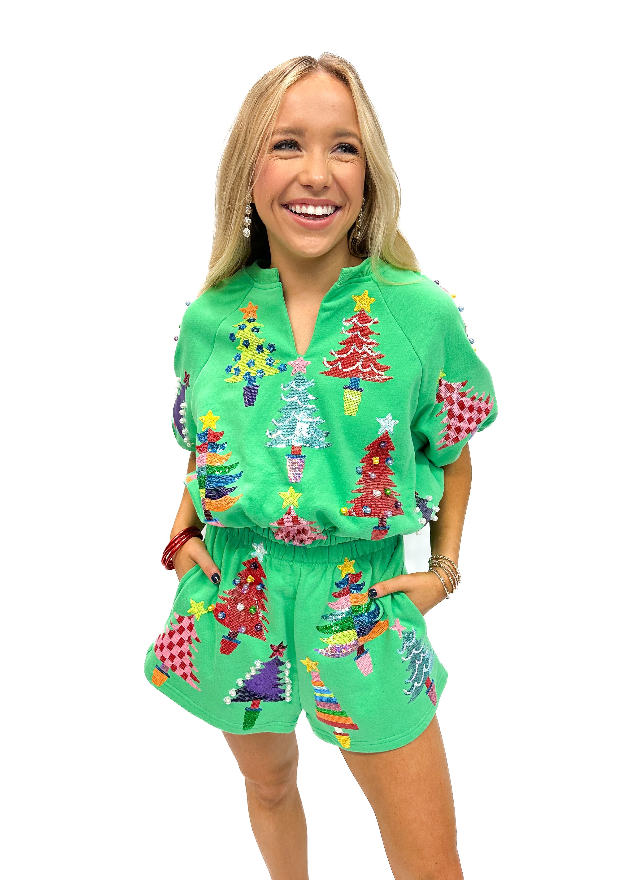 Queen of Sparkles Green Colorblock Trees Top - Green - Gabrielle's Biloxi