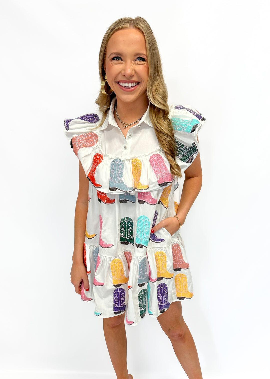 Queen of Sparkles White Ruffle Cowboy Boot Dress - Gabrielle's Biloxi