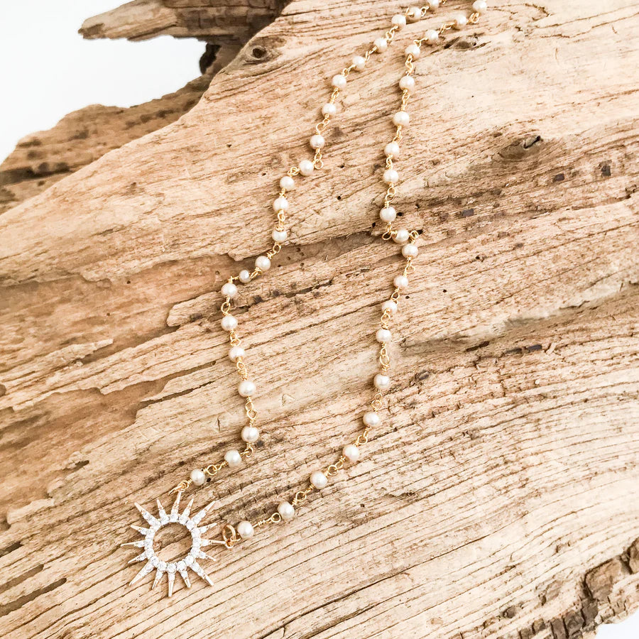 Virtue Rhinestone Starburst on 16" Rosary - Pearl - Gabrielle's Biloxi