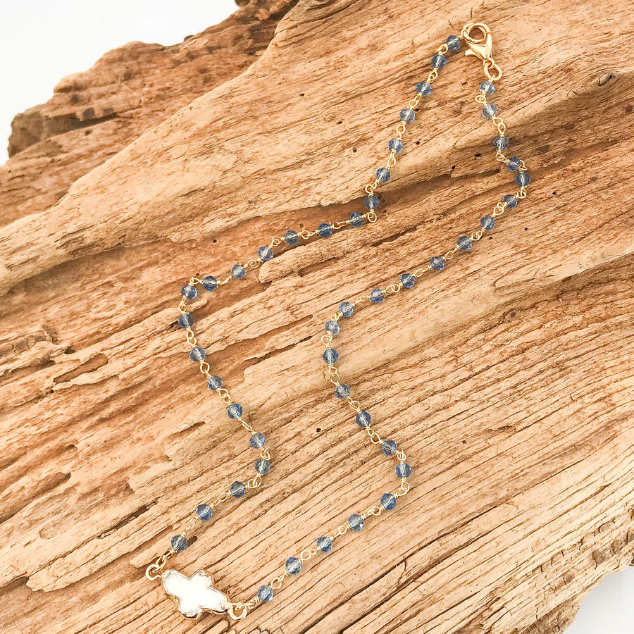 Pearl Bezel Cross on Rosary Necklace - Cornflower - Gabrielle's Biloxi