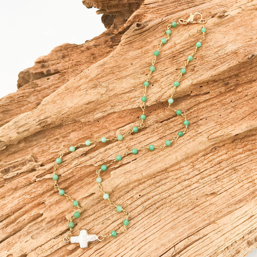 Pearl Bezel Cross on Rosary Necklace - Spearmint - Gabrielle's Biloxi