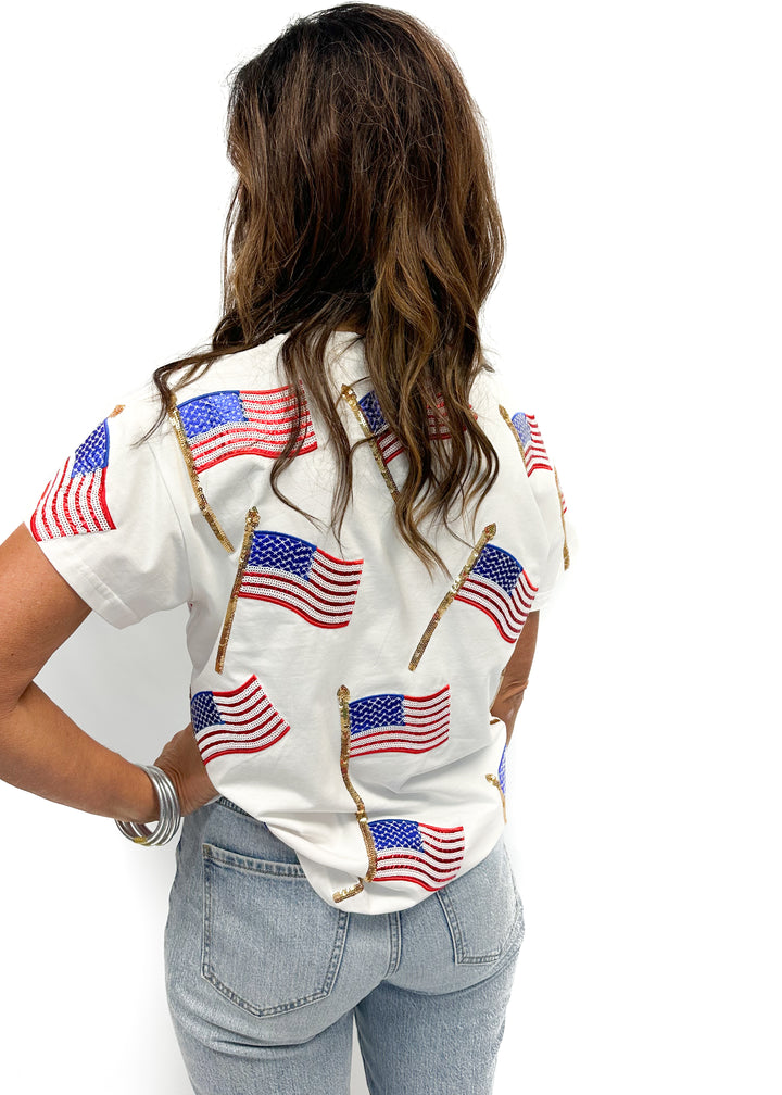 Queen of Sparkles White Scattered Metallic American Flag Tee - Gabrielle's Biloxi