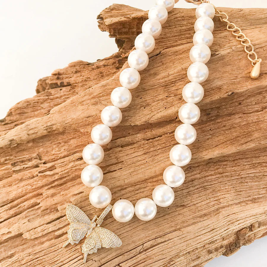 Pave Butterfly on Jumbo Pearl Necklace - Gabrielle's Biloxi