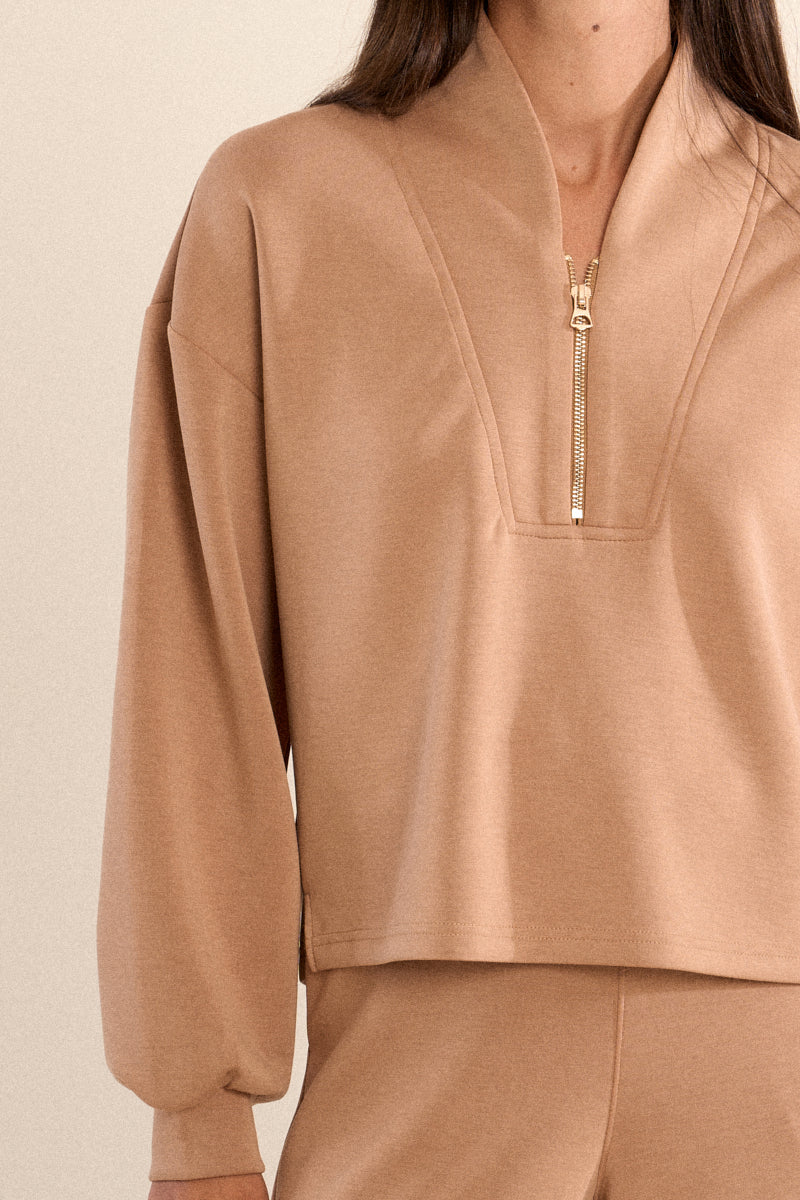 Edie Knitted Half Zip Sweatshirt - Camel - Gabrielle's Biloxi