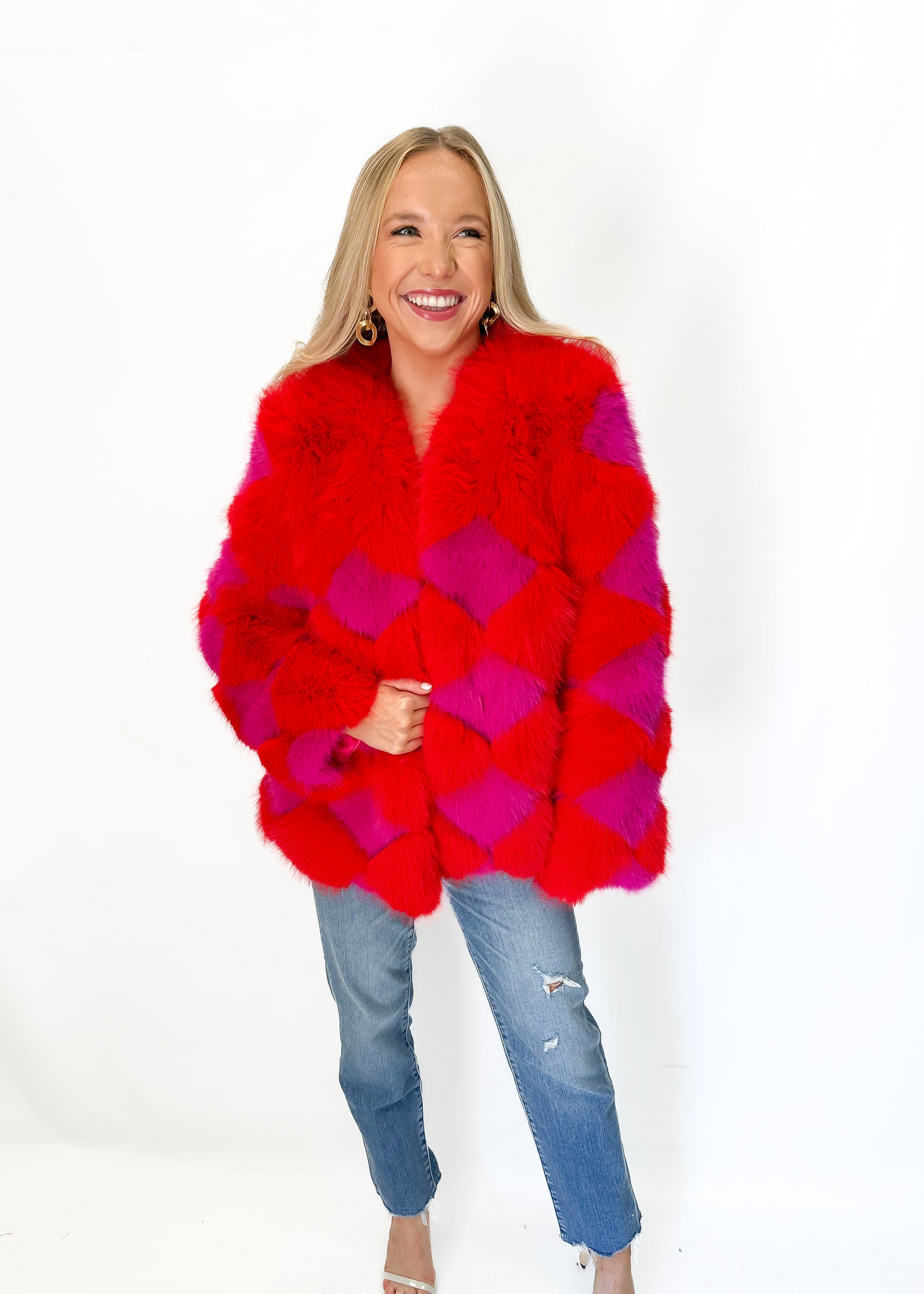 Jayley Faux Fur Delilah Diamond Coat - Red - Gabrielle's Biloxi