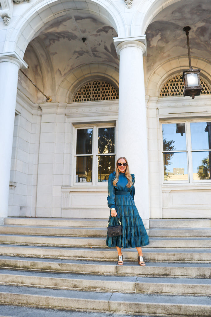LBLOX Mock Neck Ruffled Midi Dress - Teal - Gabrielle's Biloxi