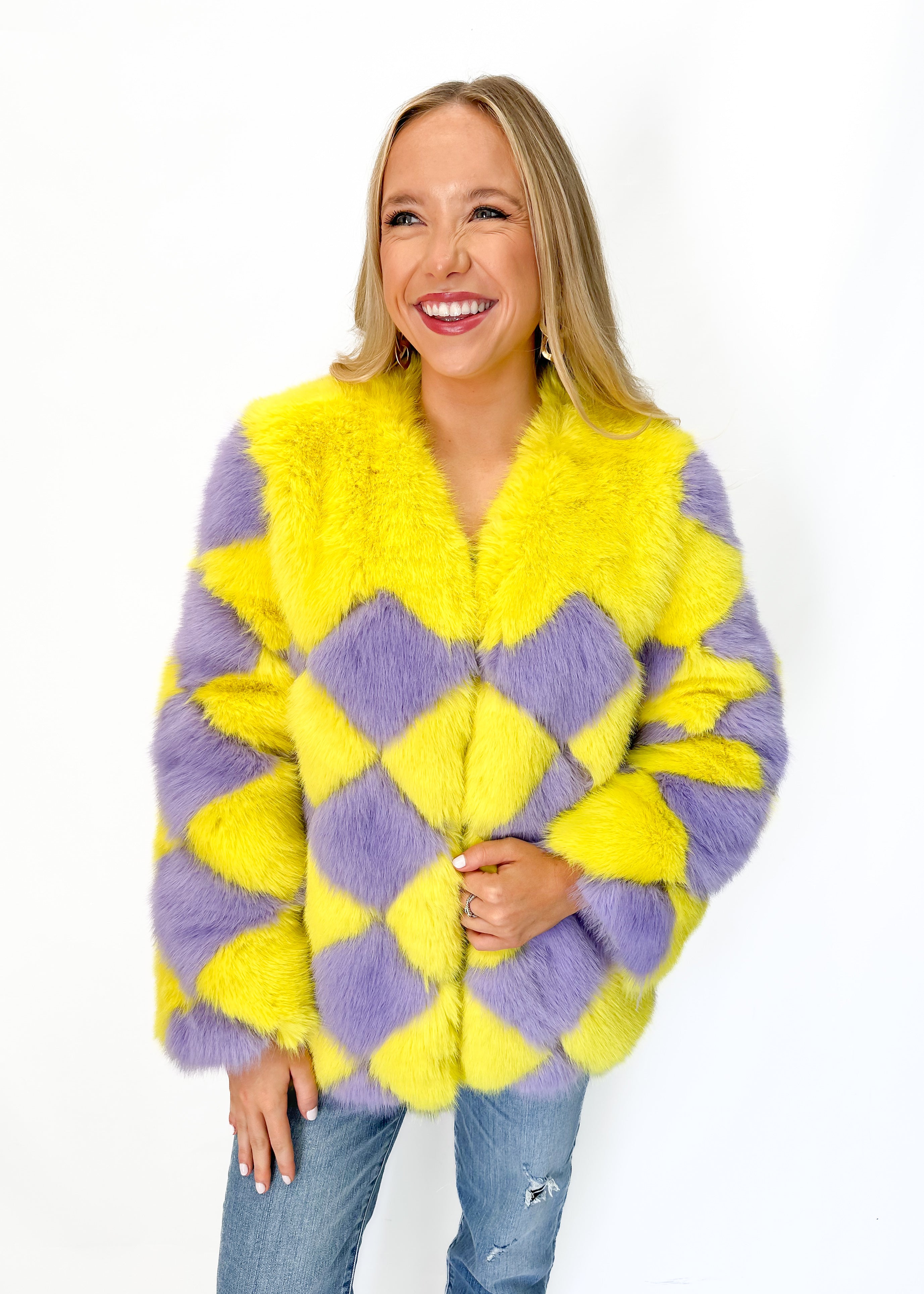 Jayley Faux Fur Delilah Diamond Coat - Yellow - Gabrielle's Biloxi