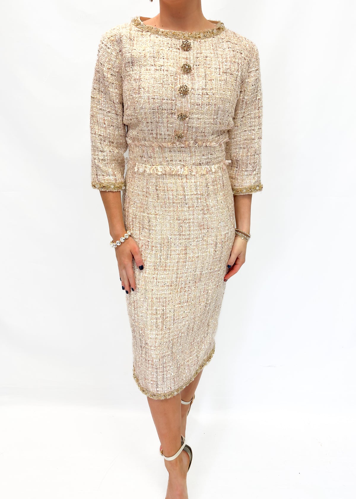 Mac Duggal 3/4 Sleeve Beaded Trim Patch Pocket Midi Dress - Blush - Gabrielle's Biloxi