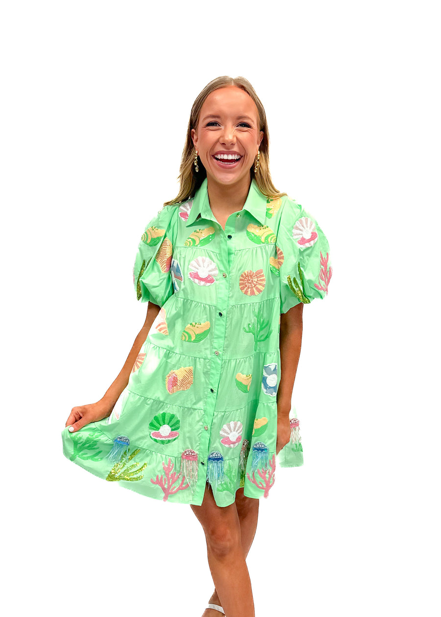 Queen of Sparkles Mint Under the Sea Poof Sleeve Dress - Gabrielle's Biloxi