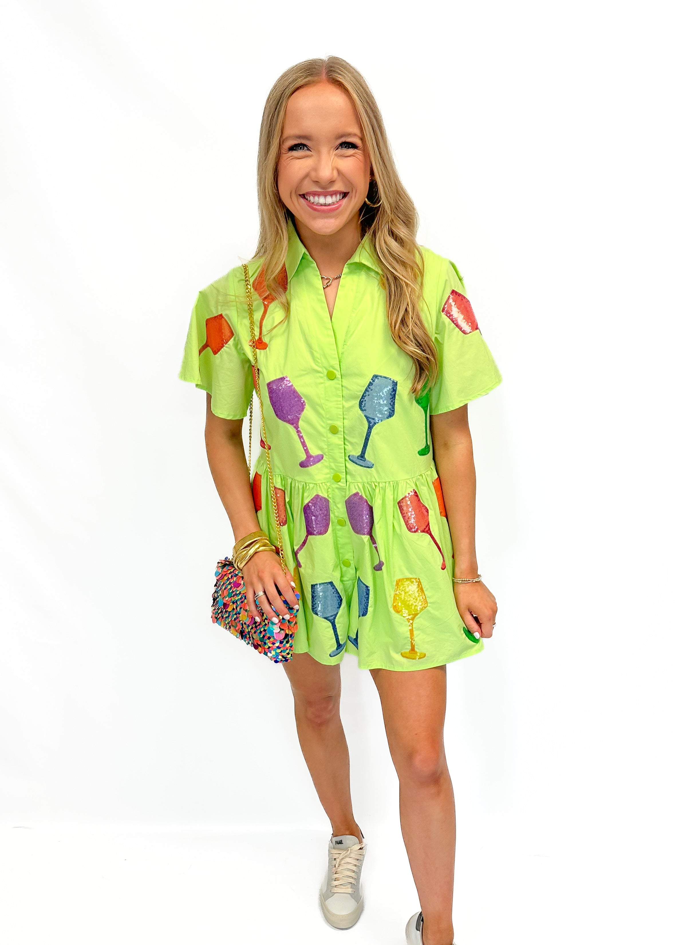 Queen of Sparkles Lime Green Wine Romper - Gabrielle's Biloxi