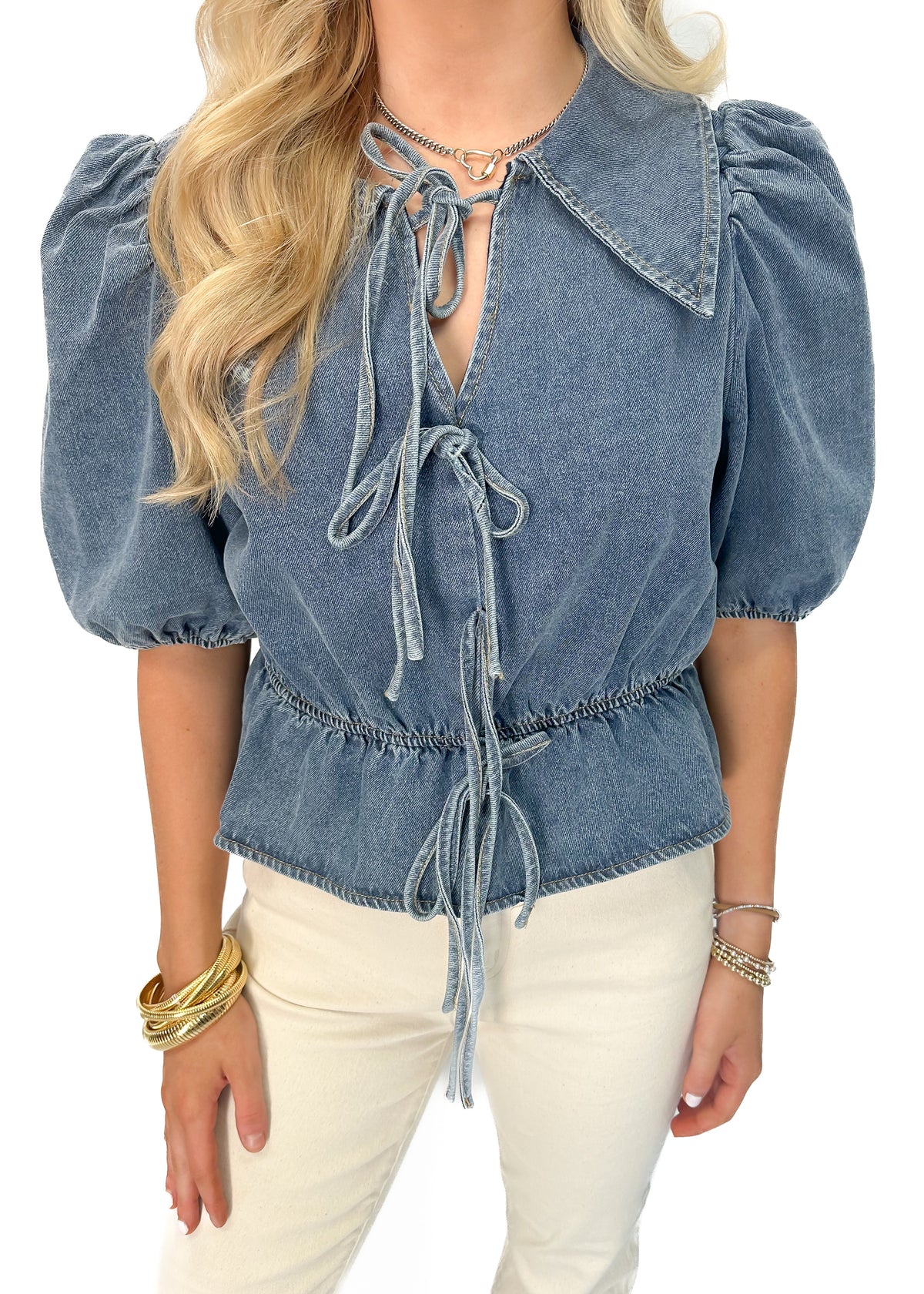 LBLOX Denim Collared Bow Blouse - Gabrielle's Biloxi