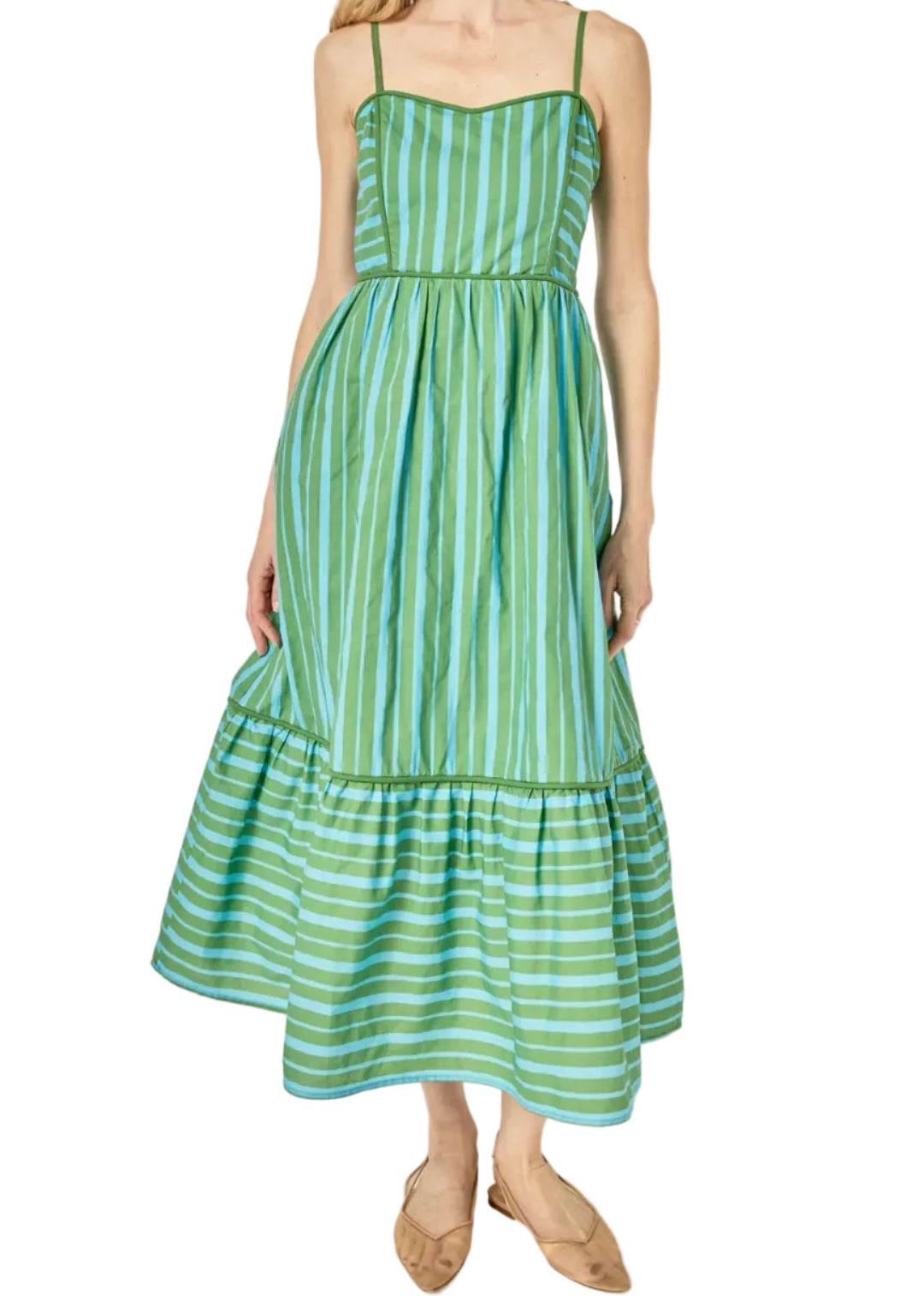 Full Length Maxi Dress - Green/Blue Stripes