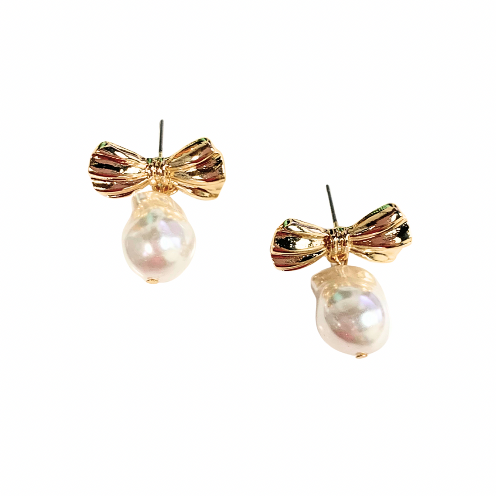 LBLOX Gold Bow Pearl Earrings - Gabrielle's Biloxi