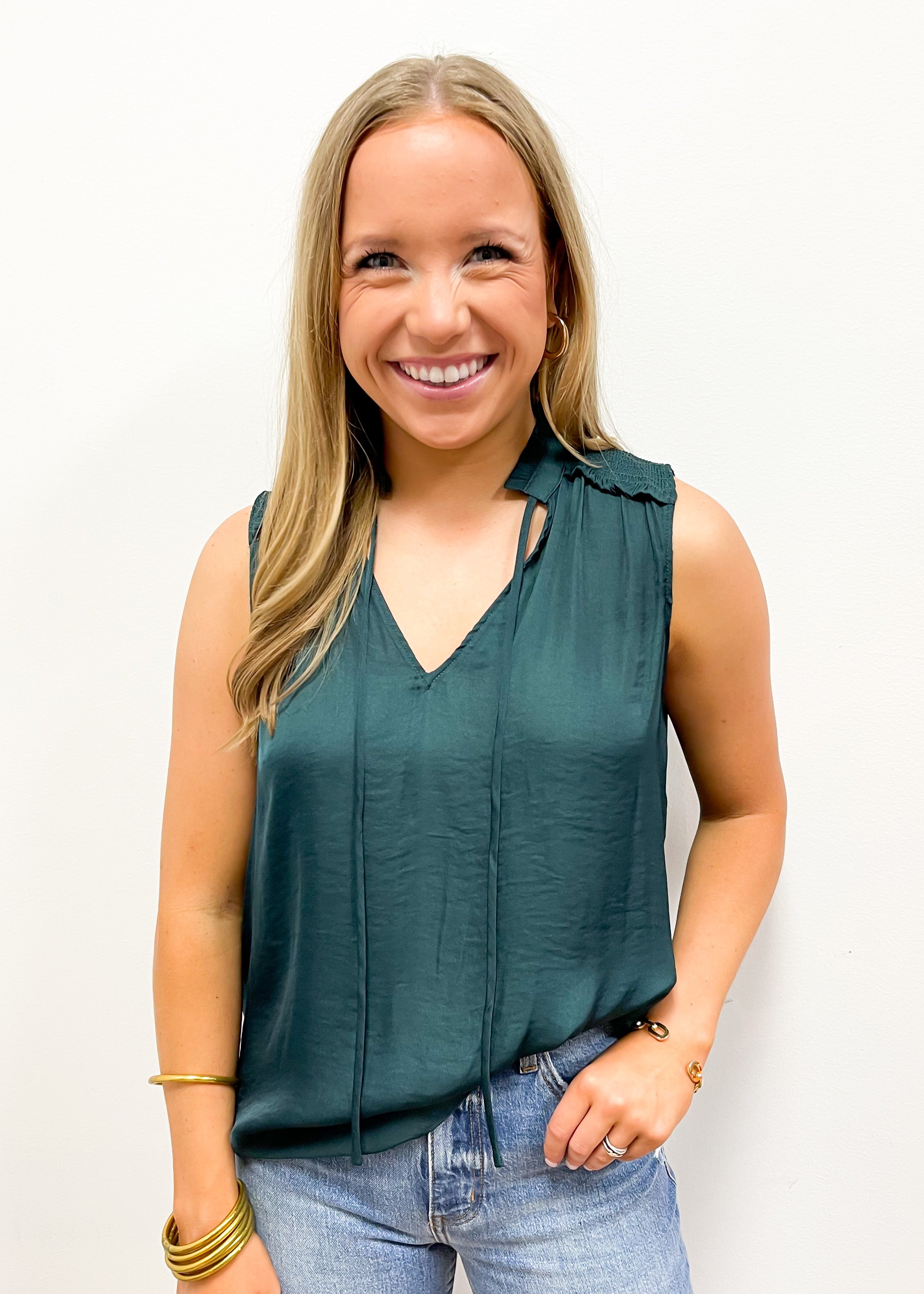 LBLOX Tie Neck Top - Evergreen - Gabrielle's Biloxi