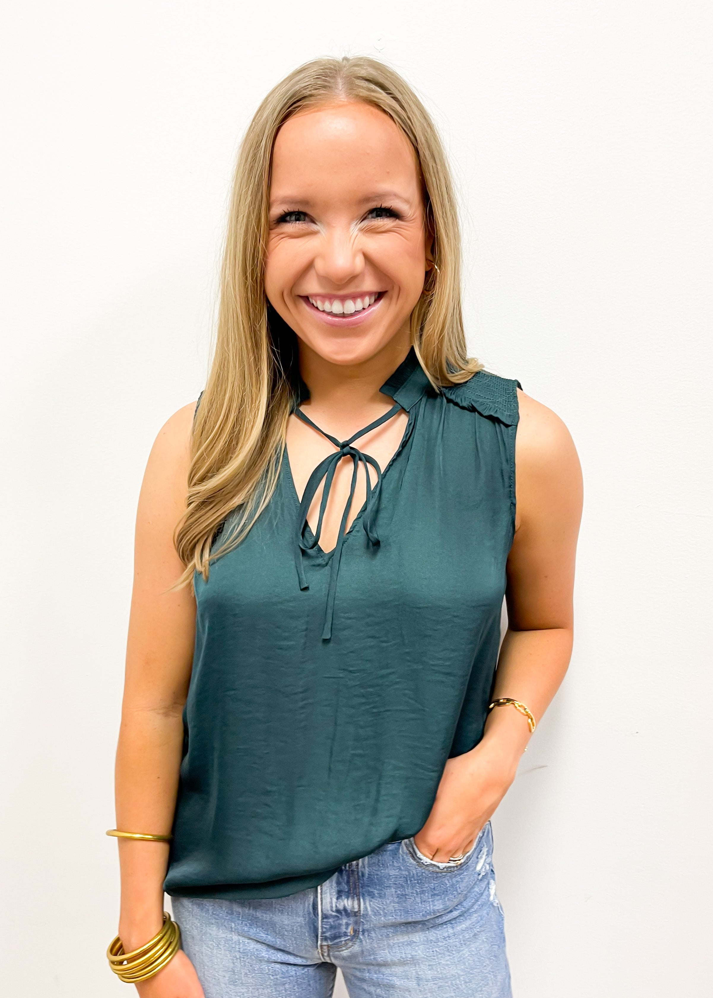 LBLOX Tie Neck Top - Evergreen - Gabrielle's Biloxi