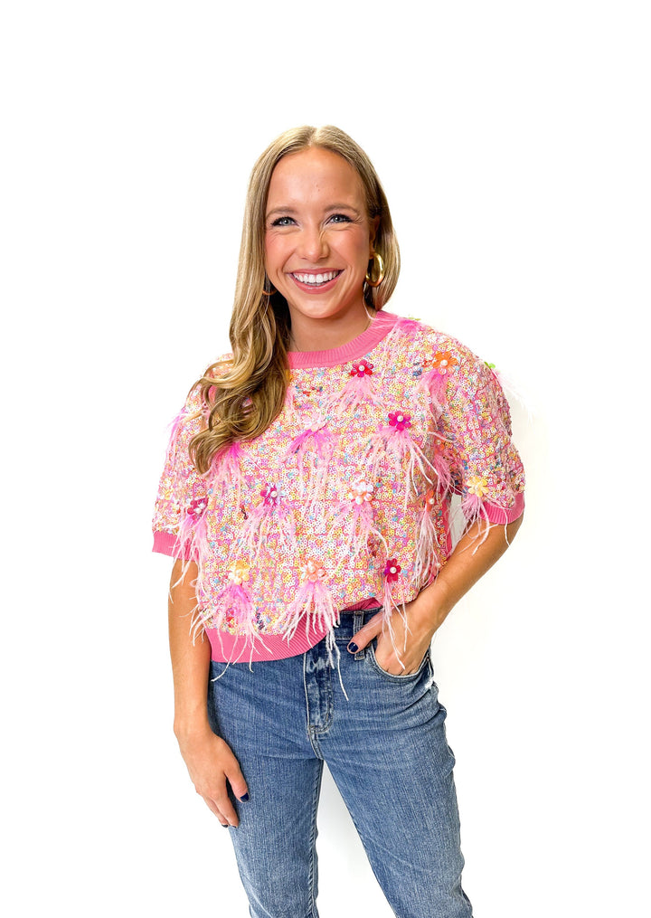 Queen of Sparkles Pink Multi Sequin Feather Sweater Top - Gabrielle's Biloxi