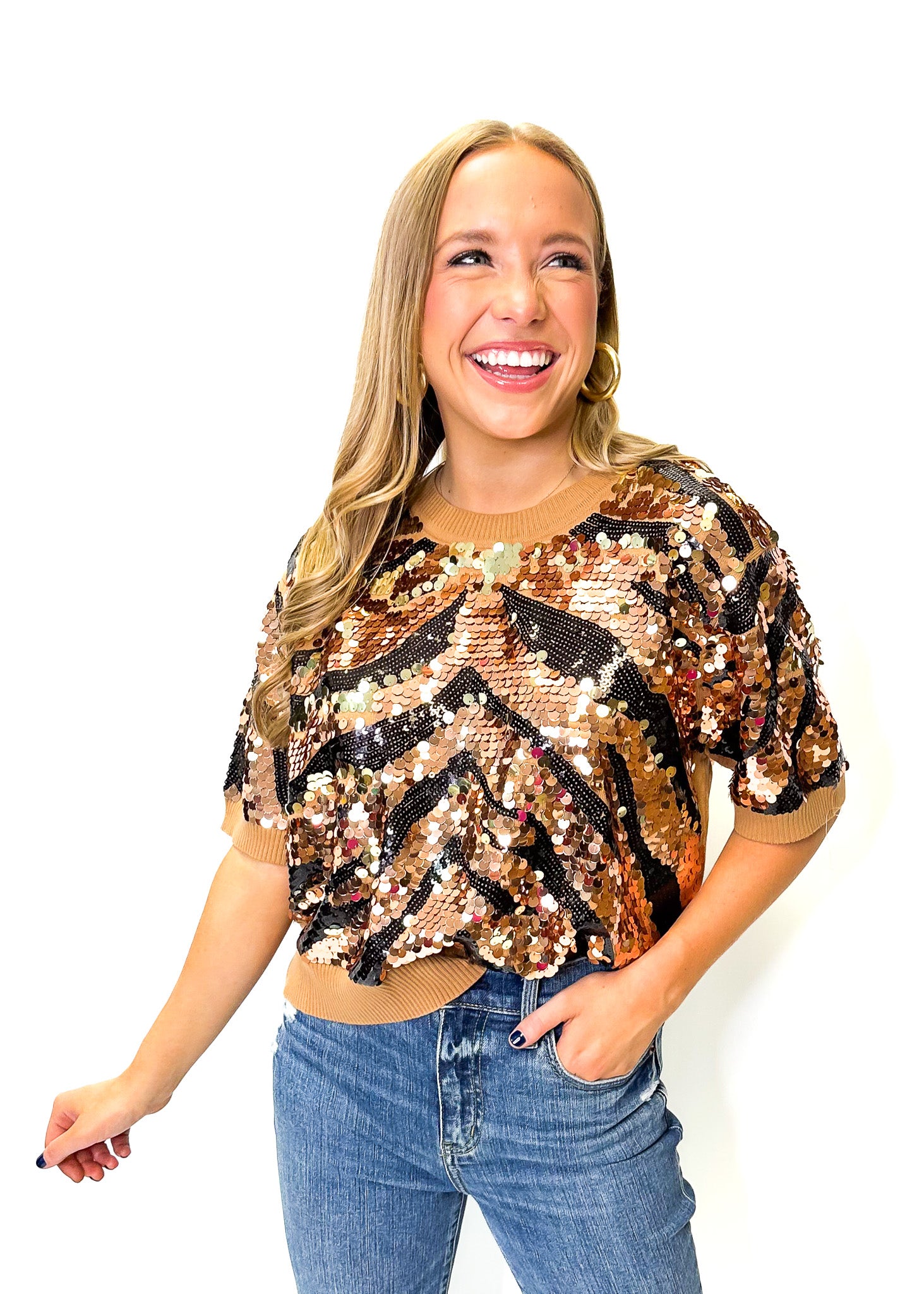Queen of Sparkles Tan & Black Tiger Full Sequin Sweater - Gabrielle's Biloxi