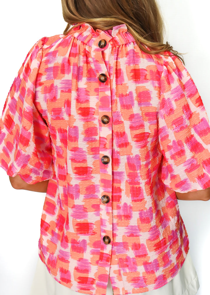 Puff Sleeves Button Back Top - Pink - Gabrielle's Biloxi