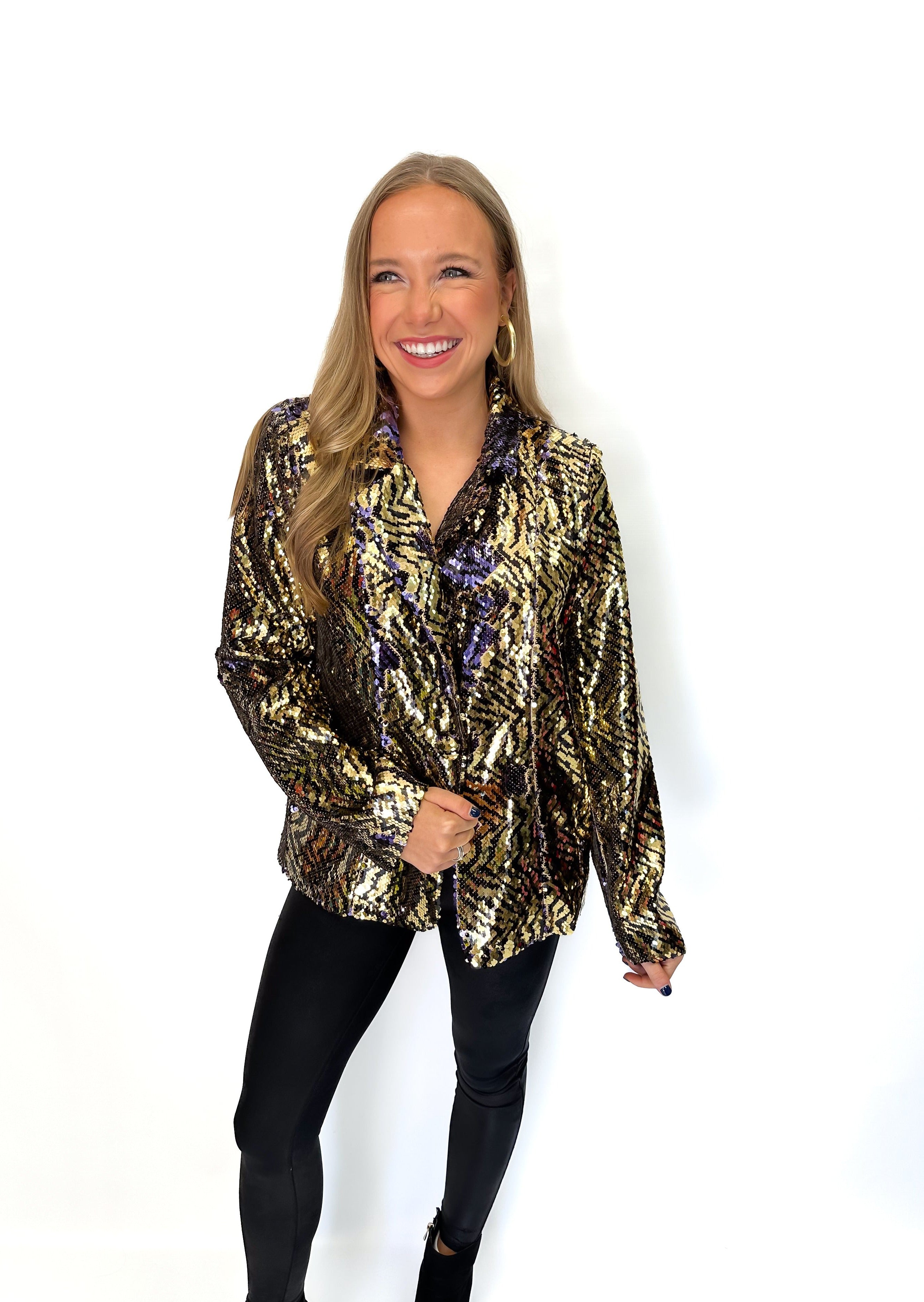 Queen of Sparkles Black & Gold Sequin Tiger Blazer - Gabrielle's Biloxi