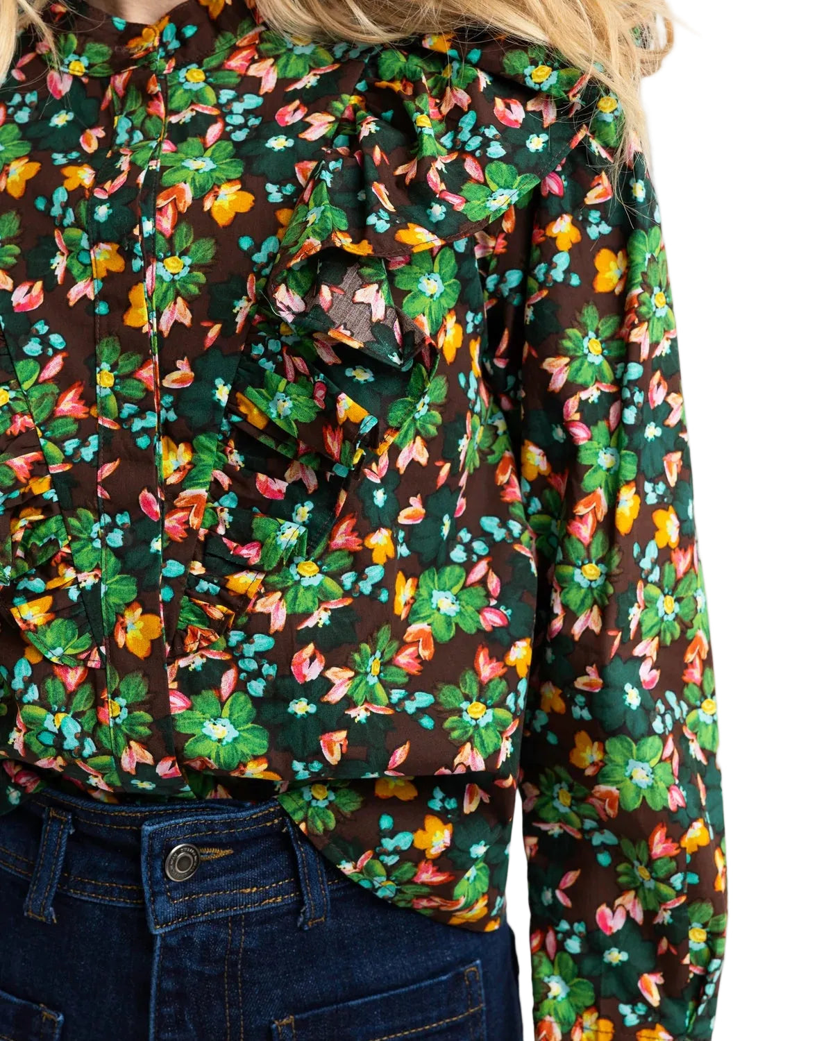 Karlie Floral Ruffle Button Up Top - Brown