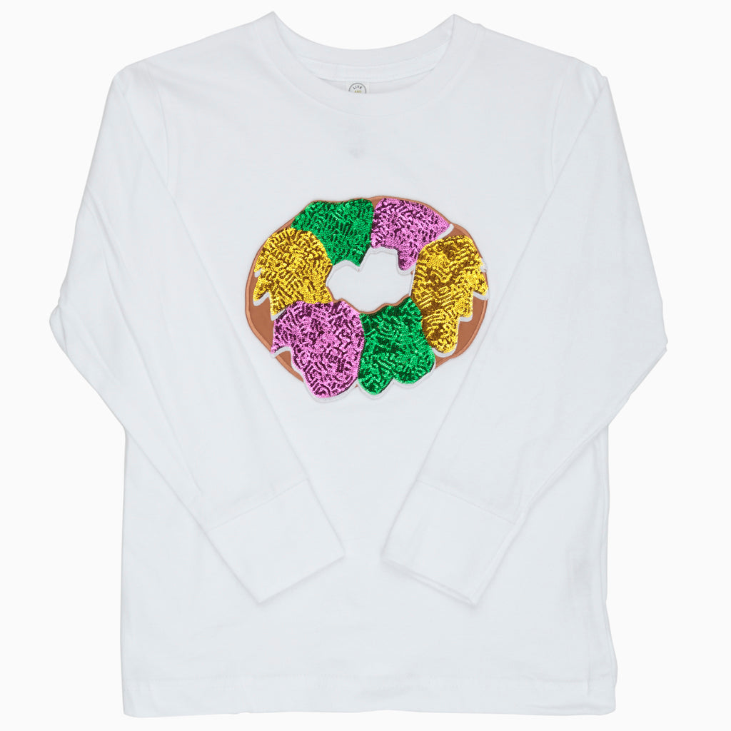 Sequin King Cake Mardi Gras White L/S Top - Gabrielle's Biloxi