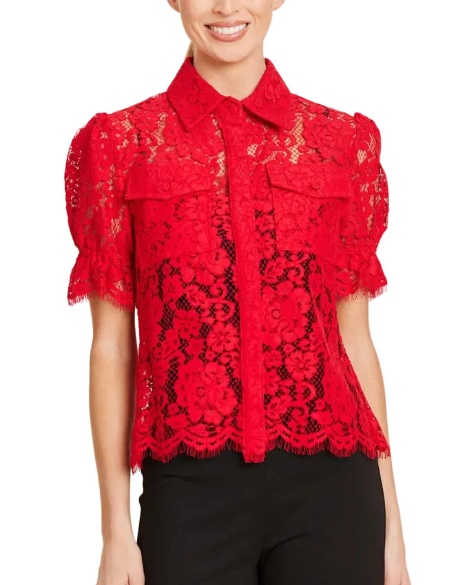 Dolce Cabo Floral Lace Elastic Cuff Top - Red