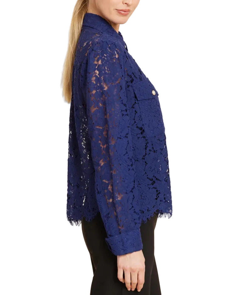 Dolce Cabo Lace Pearl Button Top - Blue - Gabrielle's Biloxi