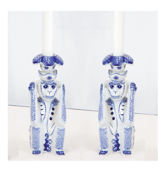 Blue Chinoiserie Monkey Candlestick Set - Gabrielle's Biloxi
