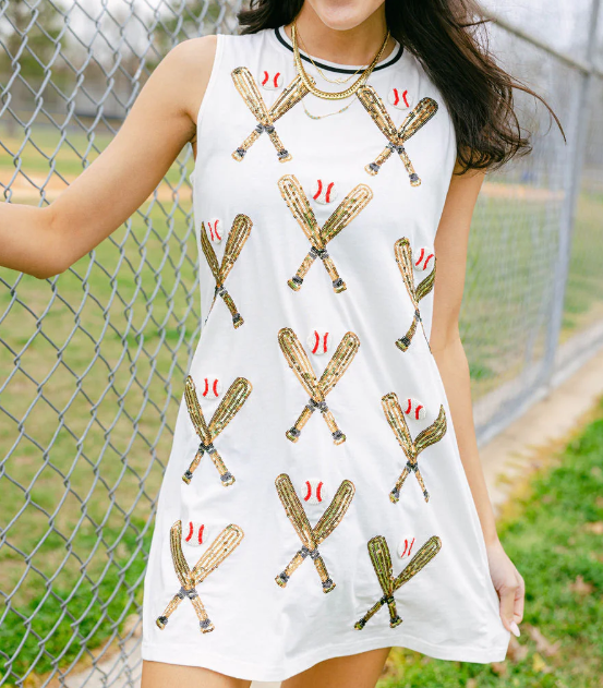Queen of Sparkles White Scattered Baseball Bat Tank Dress - Gabrielle's Biloxi