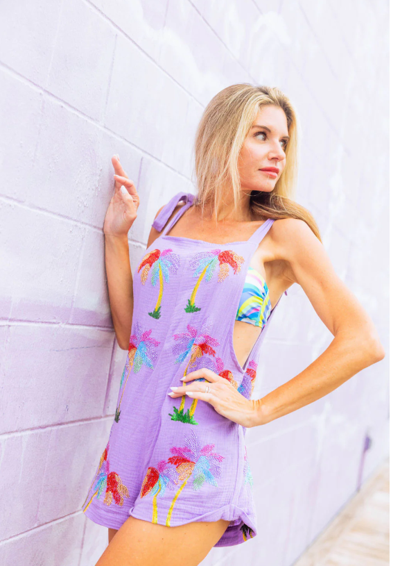 Queen of Sparkles Purple Gauze Palm Tree Tie Romper - Gabrielle's Biloxi
