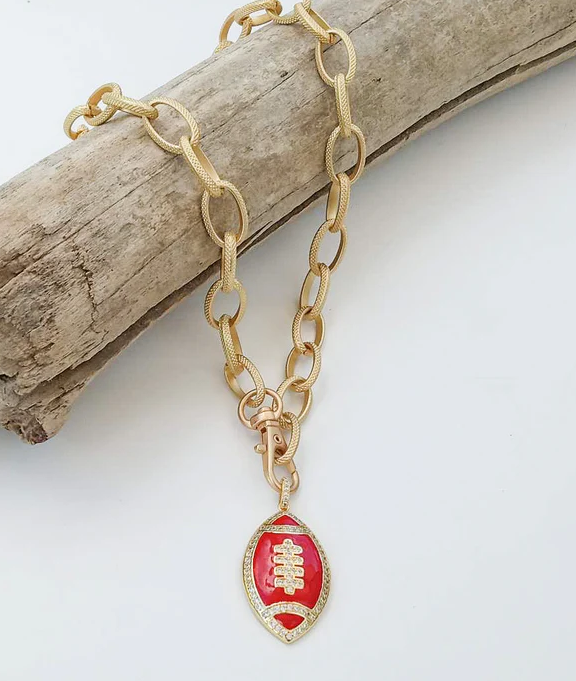 Etched Chain Necklace with Enamel Football - Red - Gabrielle's Biloxi