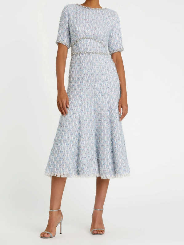 Mac Duggal Short Sleeve Beaded Trim Boucle Midi Dress - Blue Multi - Size 8 - 4 Mac Duggal Short Sleeve Beaded Trim Boucle Midi Dress - Blue Multi - Size 8 - 4